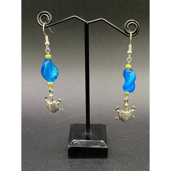 Silver Tone Turtle & Blue Glass Bead Earrings by Neanie-Bot - Picture 2 of 2